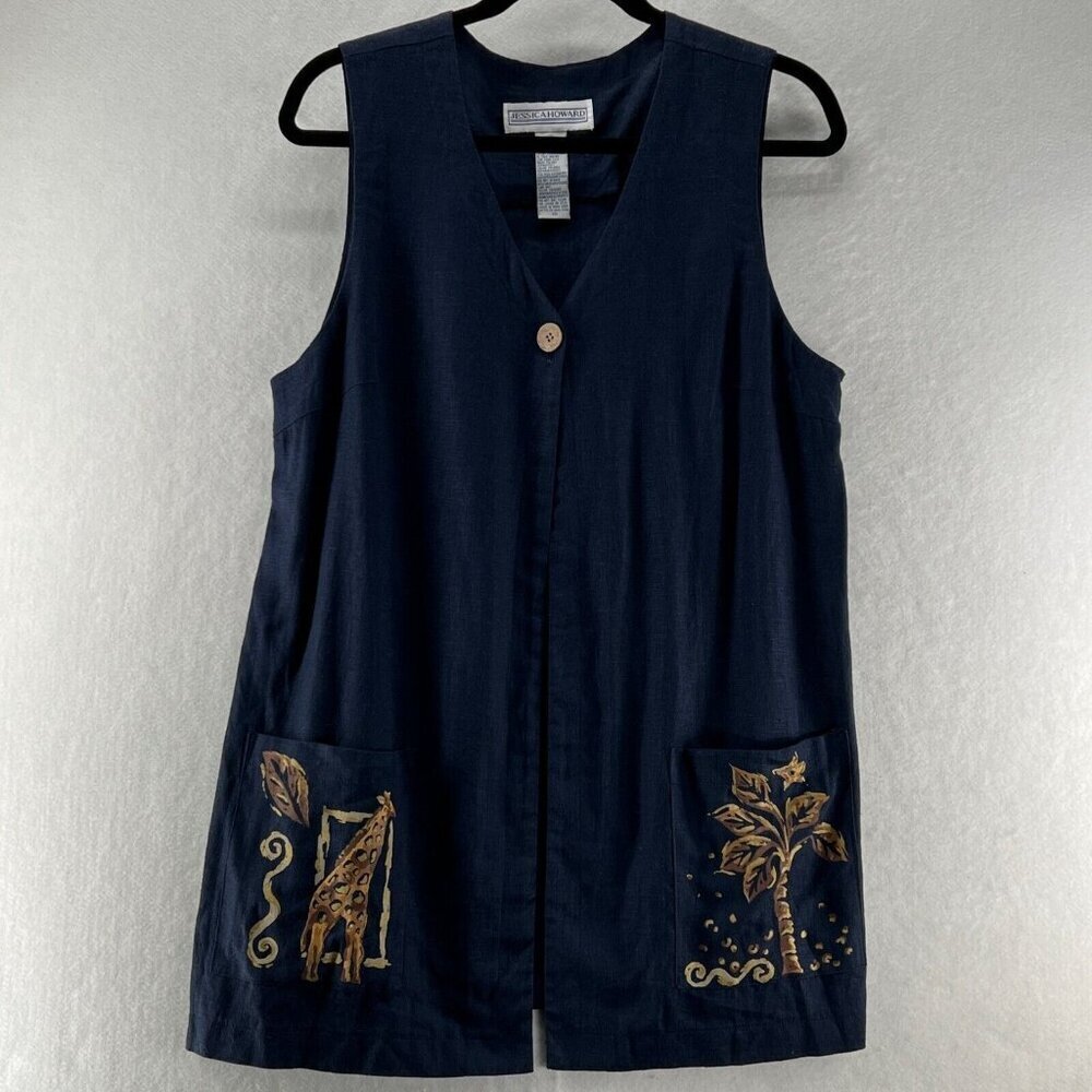 Jessica Howard Vest Top Size 10 Giraffe Tree One Button Linen Rayon Blue